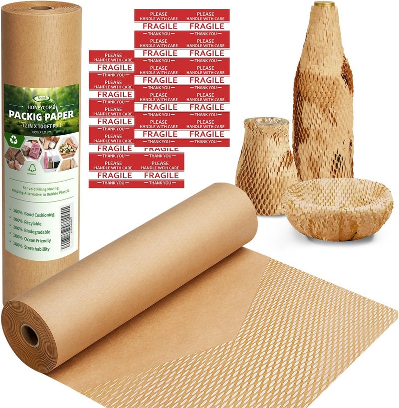 Besitek Honeycomb Packing Paper,12" W x 100' L Packing Paper for Moving,Products & Gifts Honeycomb Wrapping Paper,Recyclable and Biodegradable Cushioning Packing Material with 10 Fragile Sticker Labels - Image 1